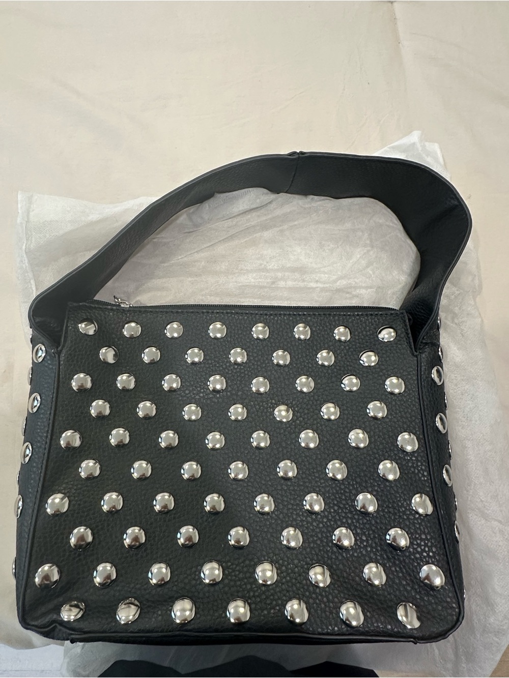 Black Studded Shoulder Bag with Silver Accents